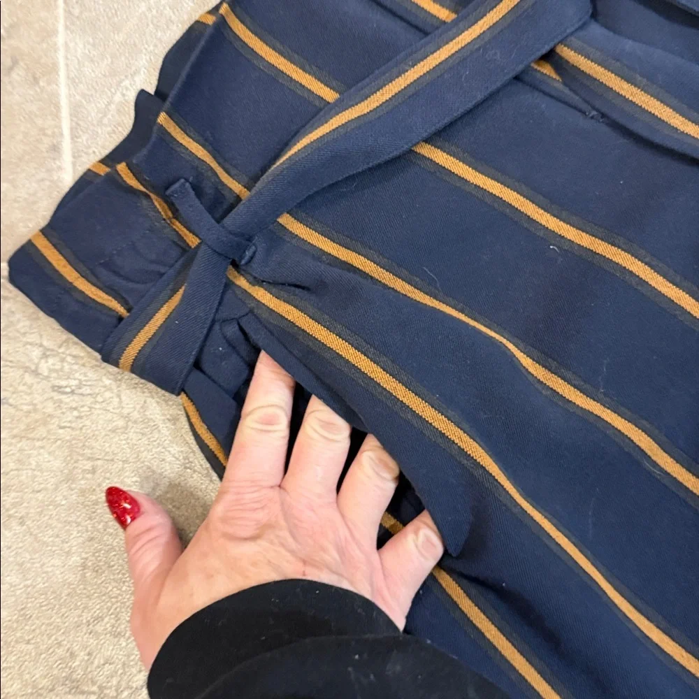 Zara Dark Navy Orange Striped Paperbag Tie Waist Ankle Cropped Pants Sz M - Picture 3 of 10